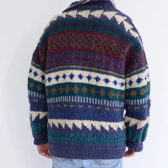 Vintage Handmade Maroon Teal 100% Heavy Weight Wool Button Up Knit Sweater L-XL - Picture 2 of 11